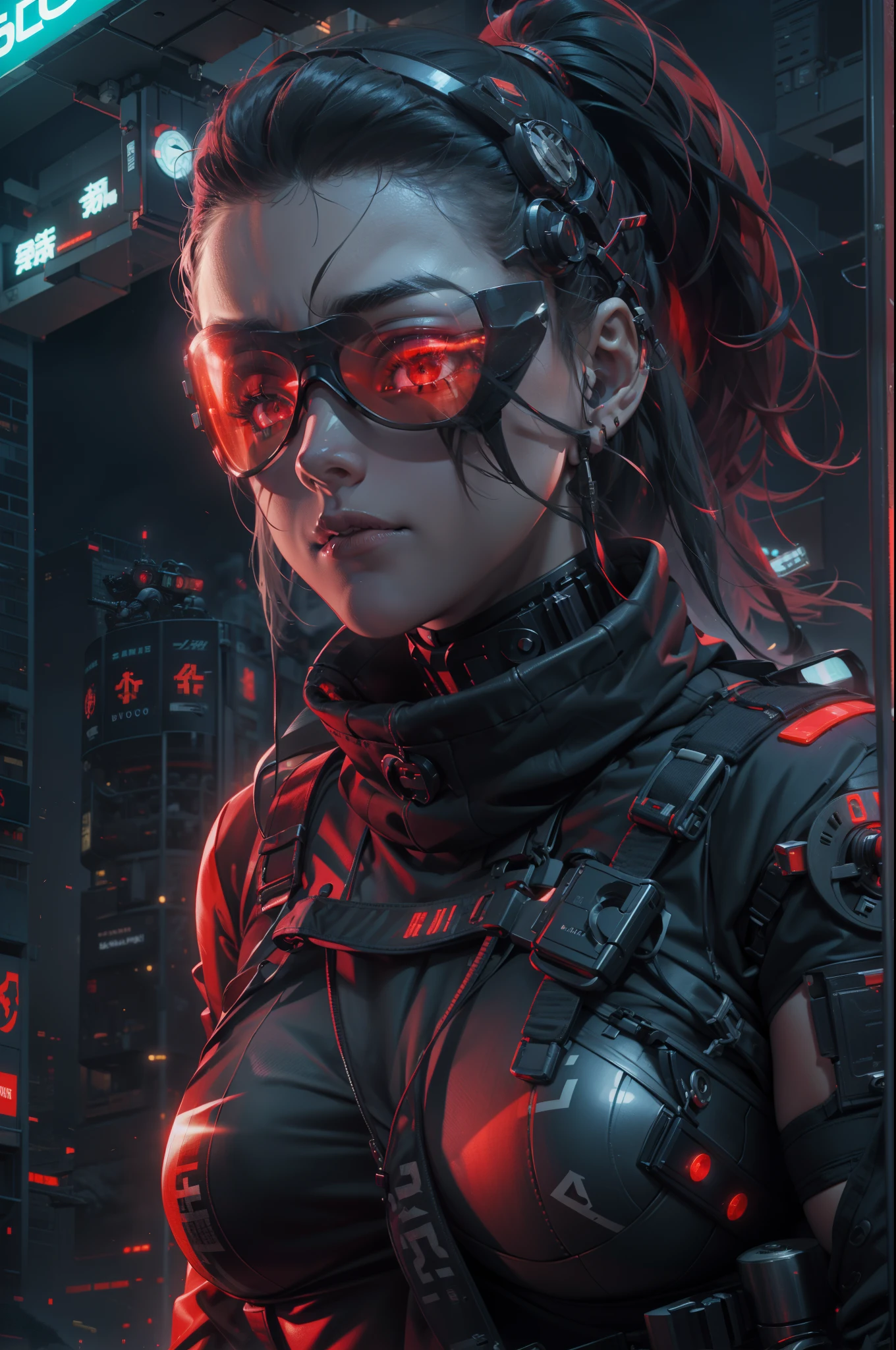 A muscular special forces girl，eyes glowing, pony-tail hair, Gas masks, Wearing black special forces equipment, Gun in hand, full bodyesbian, Shoot horizontally at the knees, Cyberpunk, neonlight, Futuristic, surrealist, Red, 。.3D, Redshift, Maxon Cinema 4D, Quixel meggascan rendering, Doomsday colors, Red light, Futuristic, 1/3, High detail, Ultra high quality, illusory engine, 8K,