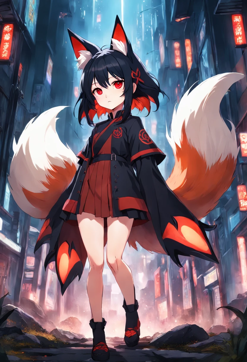 Una chica anime con cola de zorro rojo y vestido negro - SeaArt AI