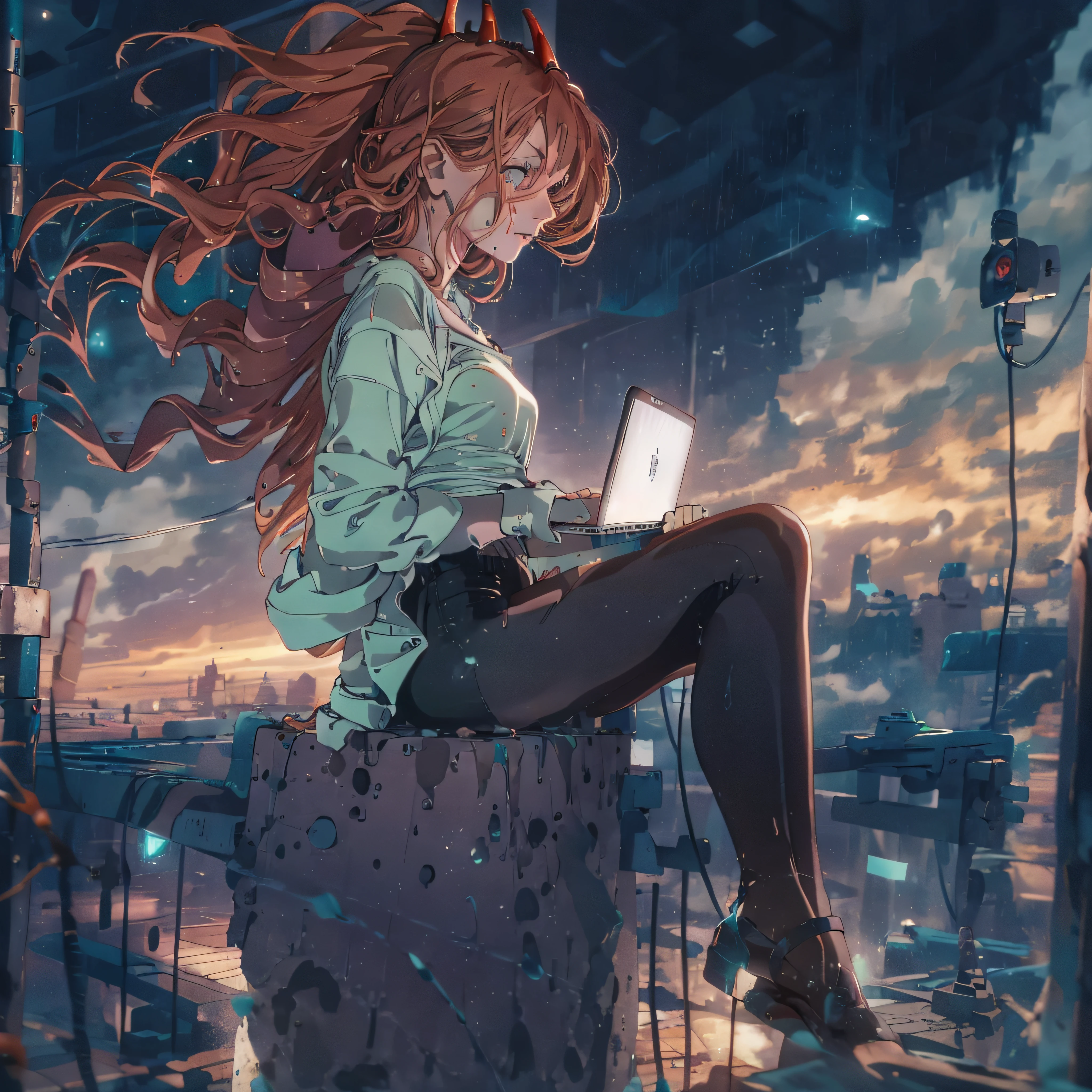 octans, sky, star (sky), scenery, starry sky, night, 1girl, night sky, solo, outdoors, building, cloud, comets, milky way, sitting, tree, bring laptop, long red hair, white shirt, golden eyes, black panties, wet, sexy, cyber city, futures, silhouette, cityscape, amazing, power, aura, gate.