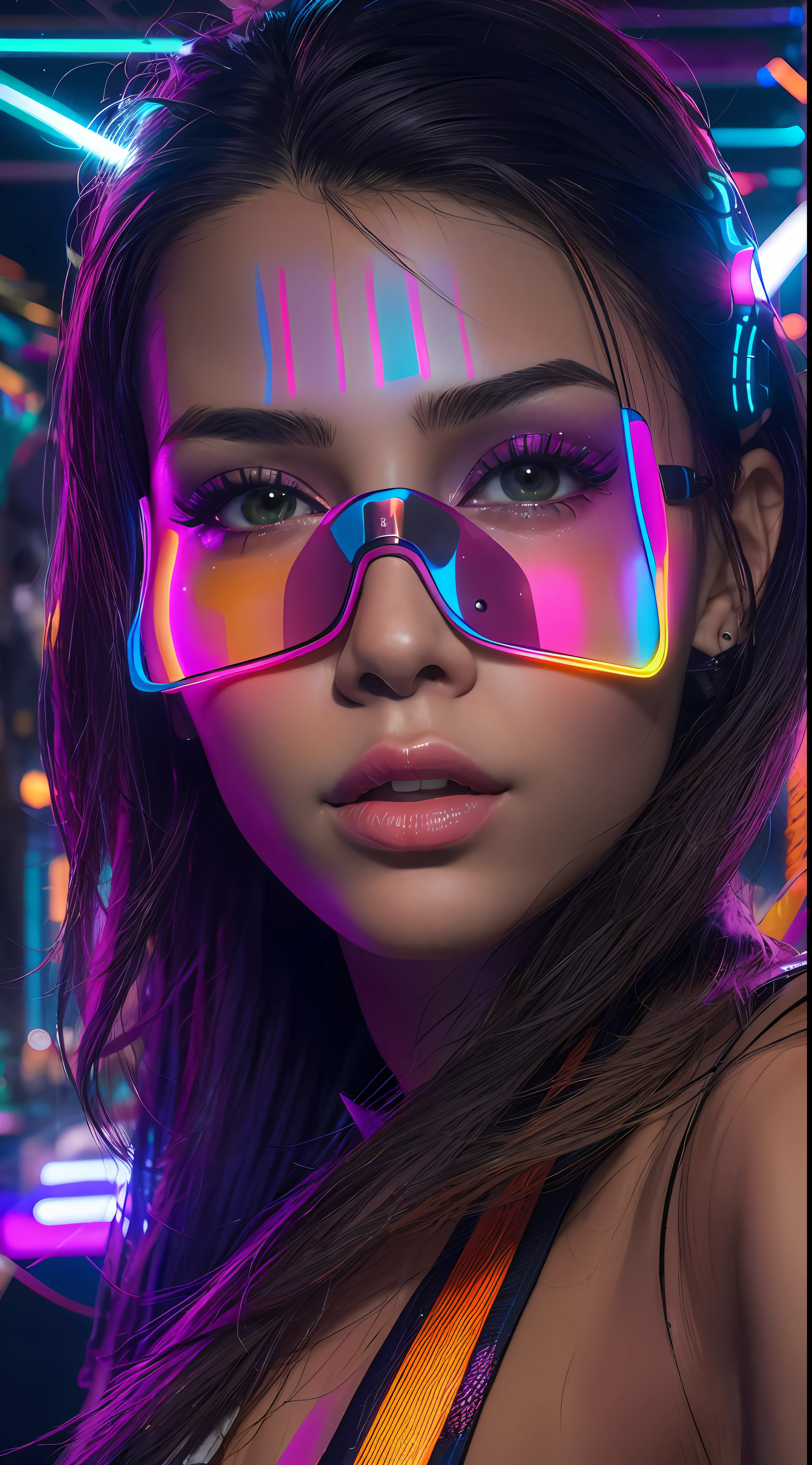 A woman with neon glasses and a neon dress - SeaArt AI