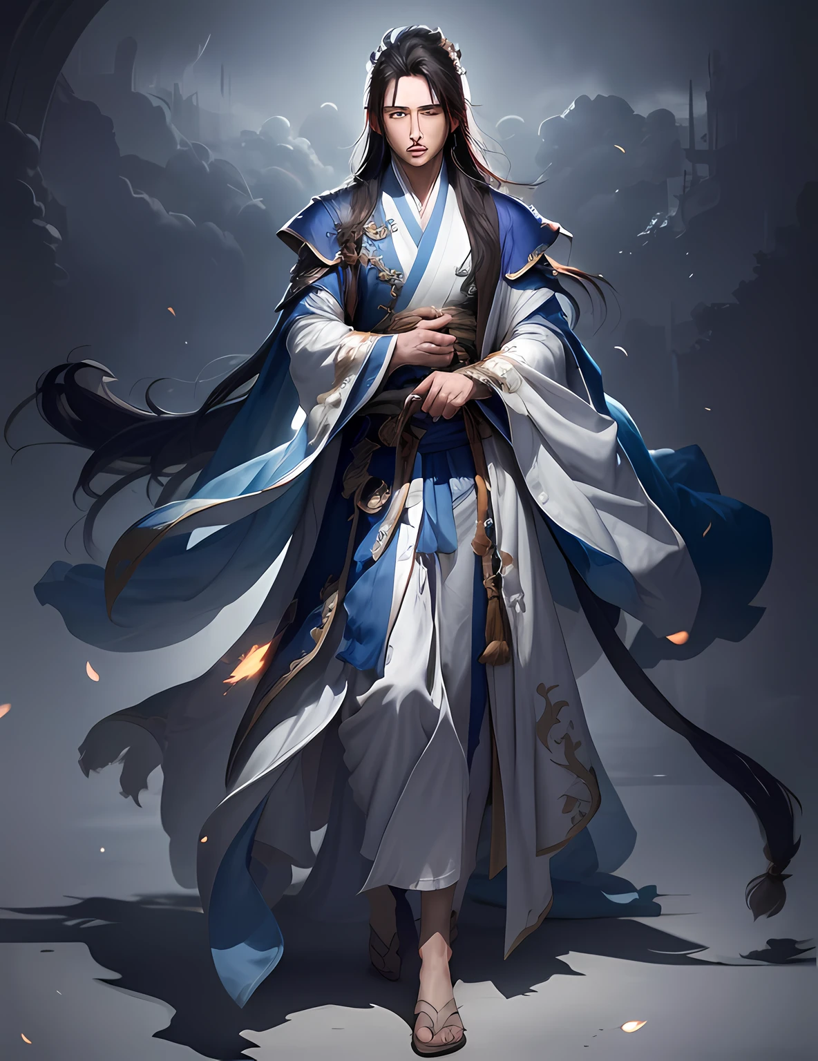 image of a man dressed in a blue and white robe, heise jinyao, full body xianxia, full body wuxia, flowing hair and long robes, picture of a male cleric, wearing flowing robes, inspired by Cao Zhibai, zhao yun, cotton cloud mage robes, inspired by Wu Daozi,hanfu,Blue magic between the palms,heise jinyao, full body xianxia, picture of a male cleric, flowing hair and long robes, zhao yun, skinny male fantasy alchemist, full body wuxia, inspired by Cao Zhibai, wearing flowing robes, cotton cloud mage robes, skinny male mage,best shadow, sharp focus, masterpiece, (very detailed CG unified 8k wallpaper),realistic,(hanfu),(((Character face))),