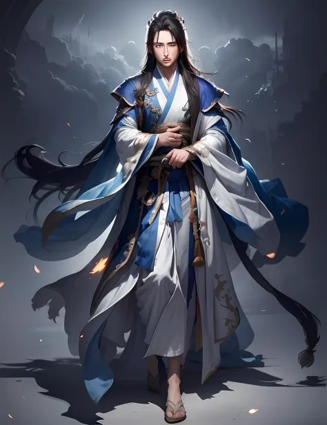 image of a man dressed in a blue and white robe, heise jinyao, full body xianxia, full body wuxia, flowing hair and long robes, ...
