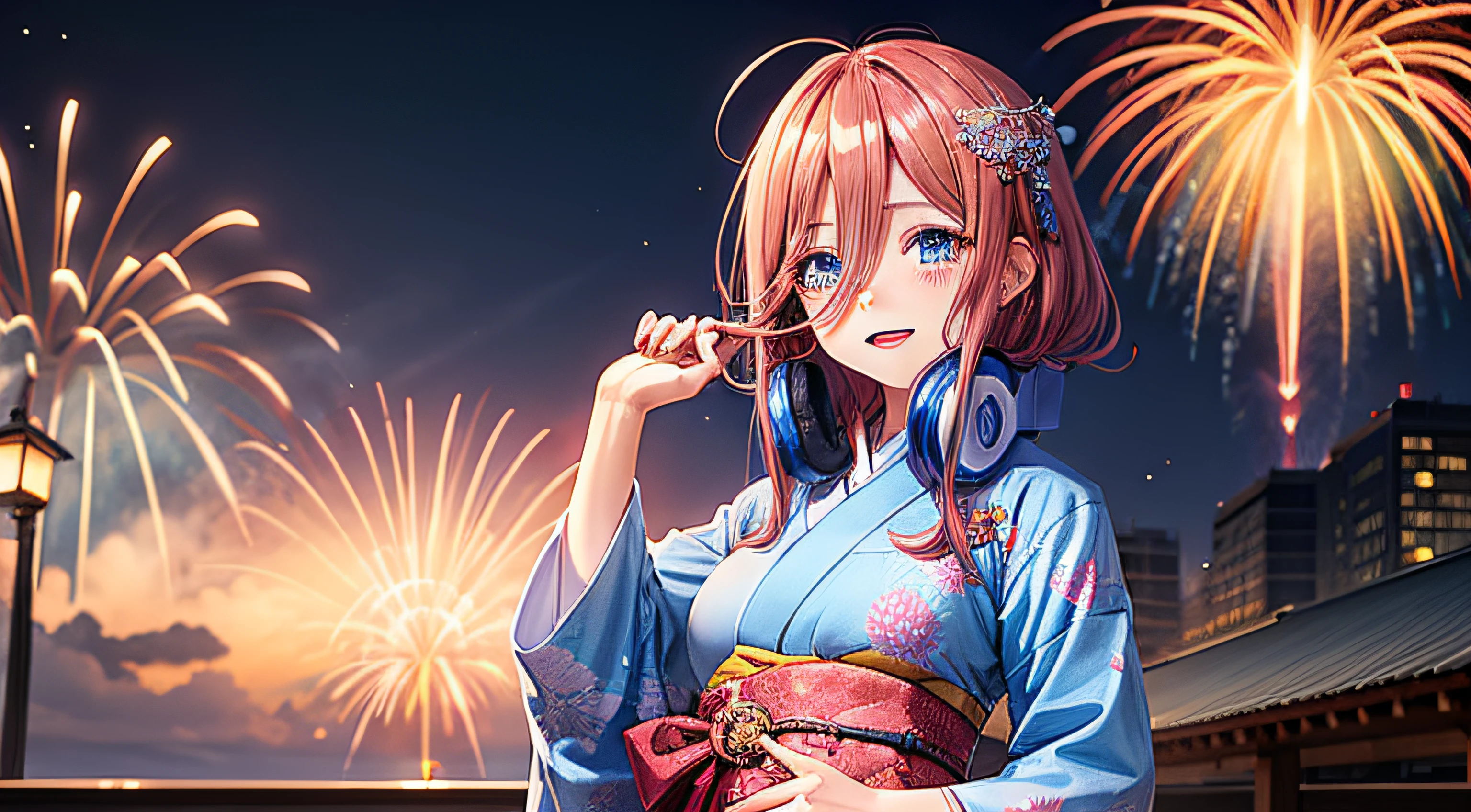 Miku Nakano Tapete steht da in einem Kimono, Im Hintergrund ist ein Feuerwerk zu sehen, mittelgroße Brüste und sieht süß und etwas schüchtern aus, sie hat blau, leuchtende Augen
