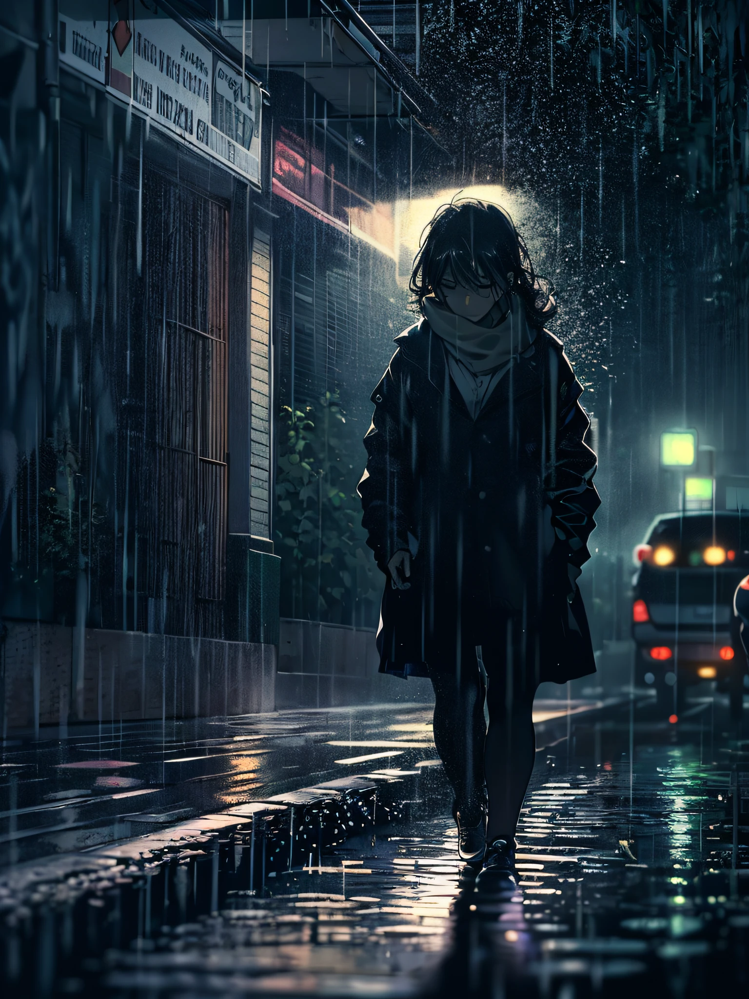A heartbroken woman walks down the sidewalk in the night rain. Headlights illuminating the dark roadway shine on her, casting a large shadow on the wall of a building. (Best quality), (masterpiece:1.3), ultra-detailed, sharp shadows, great detail, depth of field, super detailed background, out-of-focus look