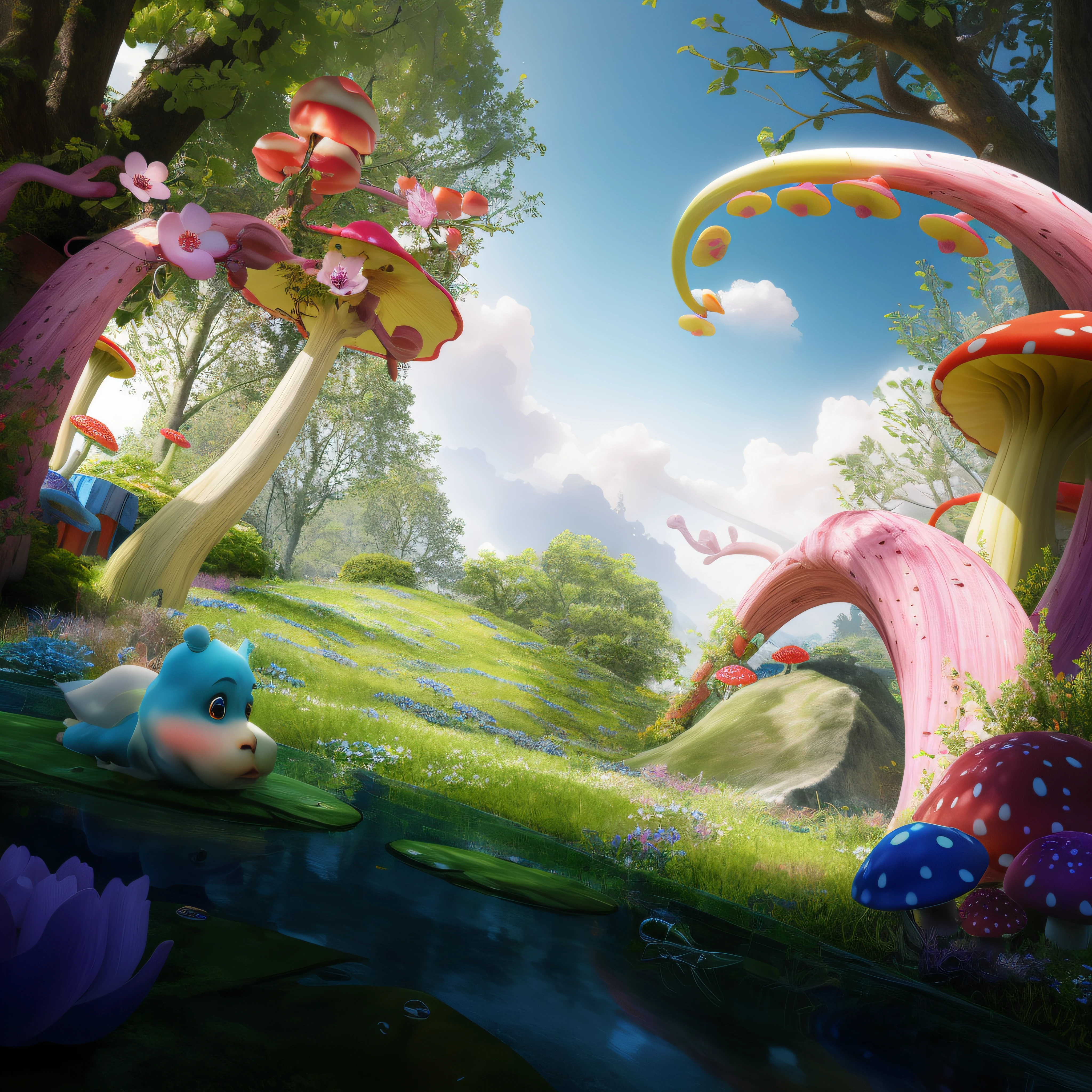 There is a picture of a colorful mushroom garden，There are flowers inside, whimsical fantasy landscape art, beautiful render of a fairytale, fantasy matte painting， Rolands Zilvinskis 3D rendering art, Beautiful digital artwork, Realistic fantasy rendering, fantasy magical vegetation, beautiful 3d concept art, 4k highly detailed digital art, colorfull digital fantasy art, From Alice in Wonderland