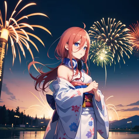 Miku Nakano wallpaper is standing there in a kimono, in the background you can see fireworks, medium sized breasts and looks cut...