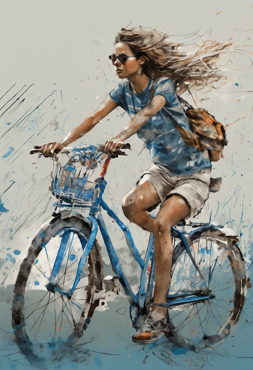 Painting of a woman riding a bike with a backpack on it - SeaArt AI