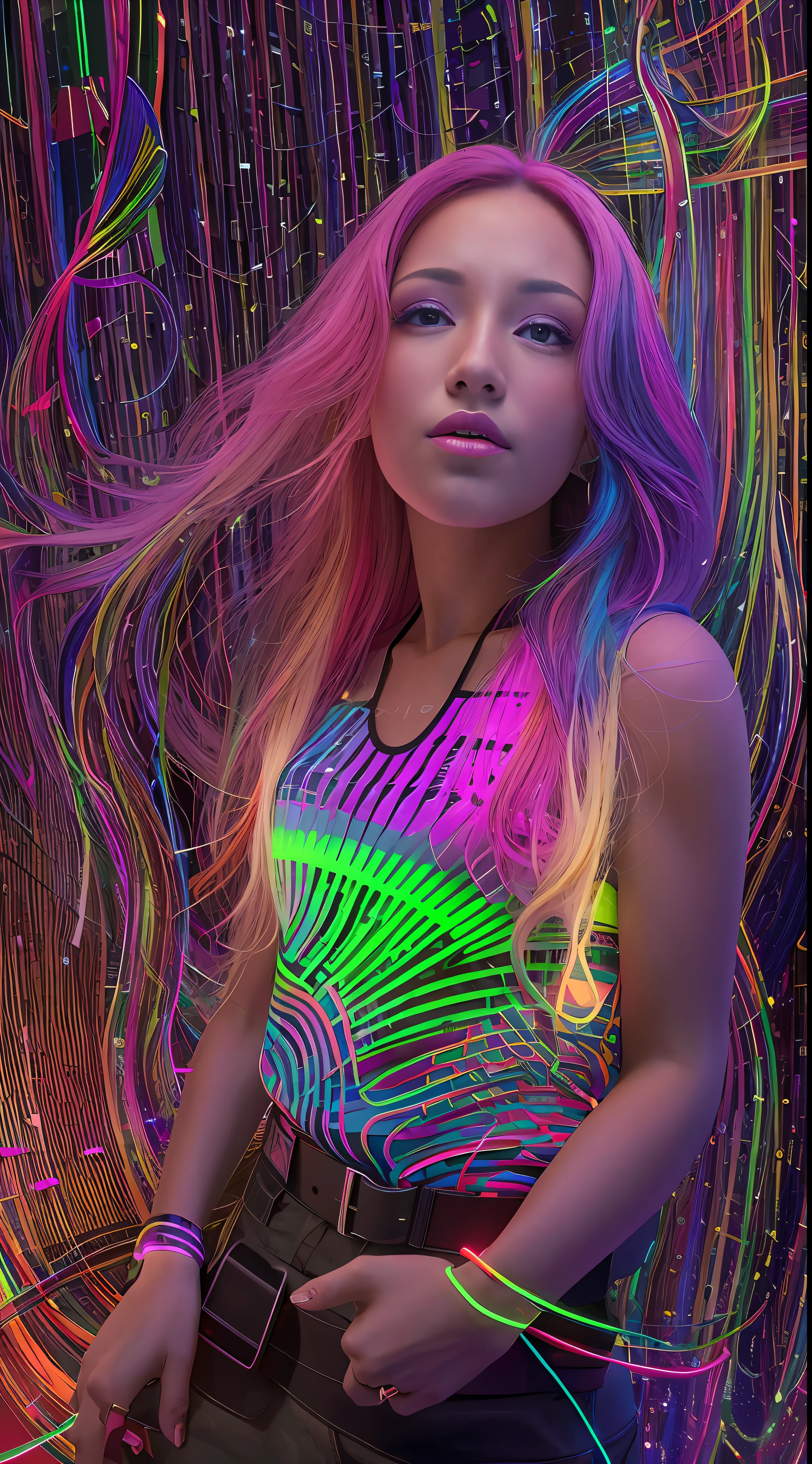 A close up of a woman with long hair and neon lights - SeaArt AI