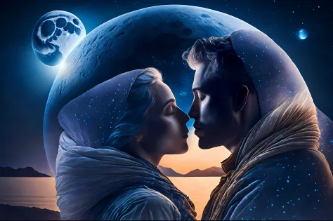 "a fantastic photograph of a couple embracing in the moonlight, the landscape is dreamlike, with incredible views, hyper-realist...