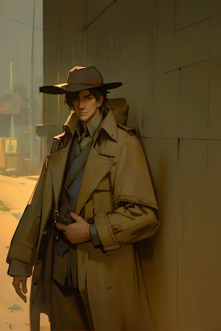 there is a man in a hat and trench coat standing in a dirt area, craig mullins style, artwork in the style of guweiz, postapocal...