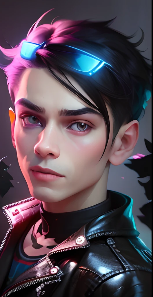 there is a boy in a black leather jacket posing for a picture, anton fadeev 8 k, 8k portrait render, high quality portrait, inspired by Yanjun Cheng, hyper-realistic cyberpunk style, twitch streamer / gamer ludwig, wojtek fus, cyberpunk style ， hyperrealistic, cgsociety portrait, inspired by Adrian Zingg, daniel maidman octane rendering