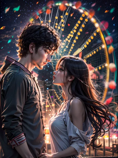 Romantic couple kissing in the wind，Brunette boy，High-haired girls，glowing stars，Glow effects，Heart-shaped bubbles，the night，he ...