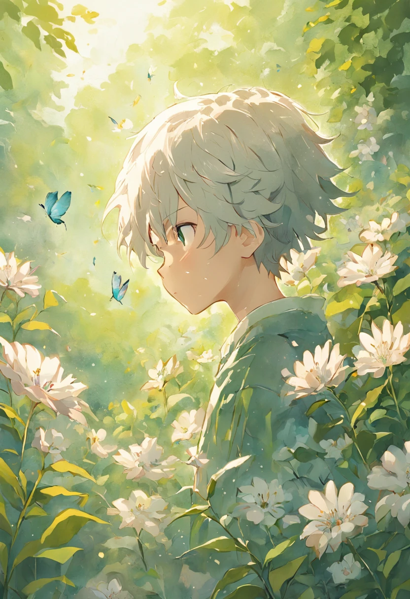 Anime boy in the flowers with butterflies - SeaArt AI