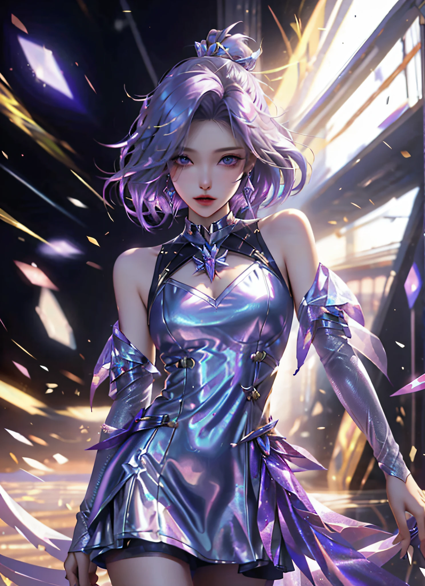 Best quality at best， 1girll， kda，league of legend， solo， long whitr hair， short detailed hair， shift dresses，