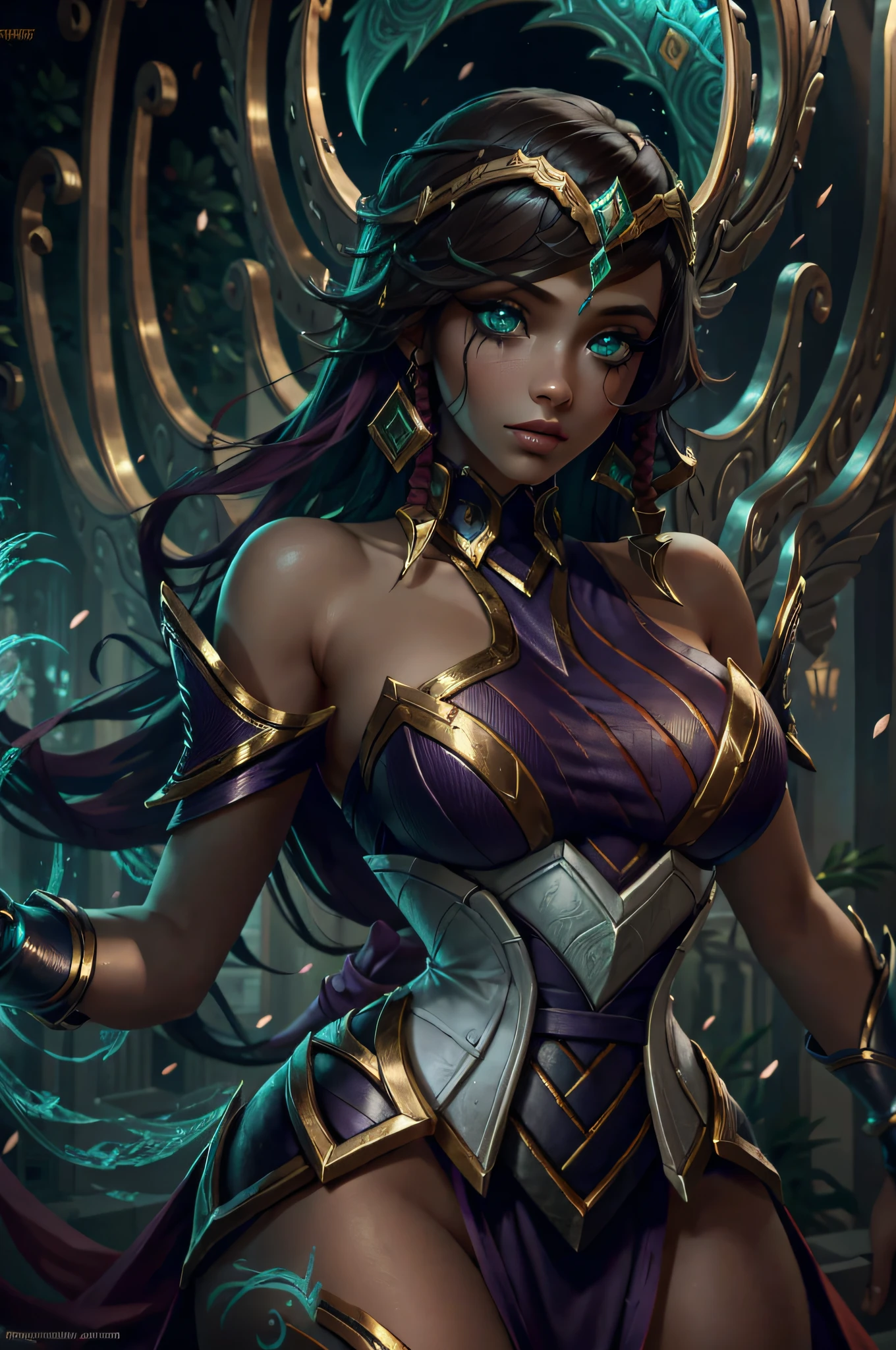 ultra realistic, ((gorgeous)),  league of legends, highres, 1girl, ultra-detailed, (beautiful detailed face and eyes and hair:1.1), masterpiece, perfect face, beautiful face,  textured skin, beautiful detailed face, sensual, beautiful eyes, masterpiece, intricate details, 1girl, looking at viewer ,solo, seductive, erotic, Extremely beautiful, large breast, pretty woman, beautiful woman, half body, perfect,  kaerma, (sexy pose:1.2),  hair ornament,  looking at viewer, green eyes,