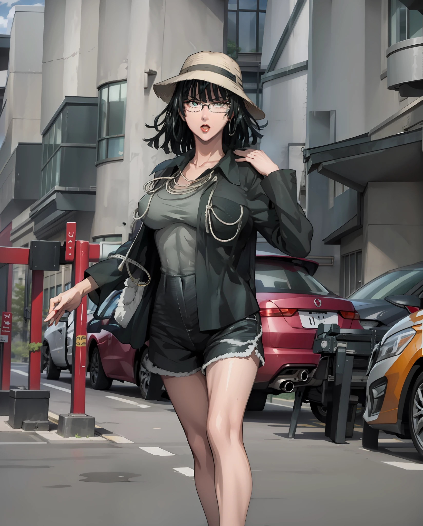 Anime girl in a hat and shorts walking down the street - SeaArt AI