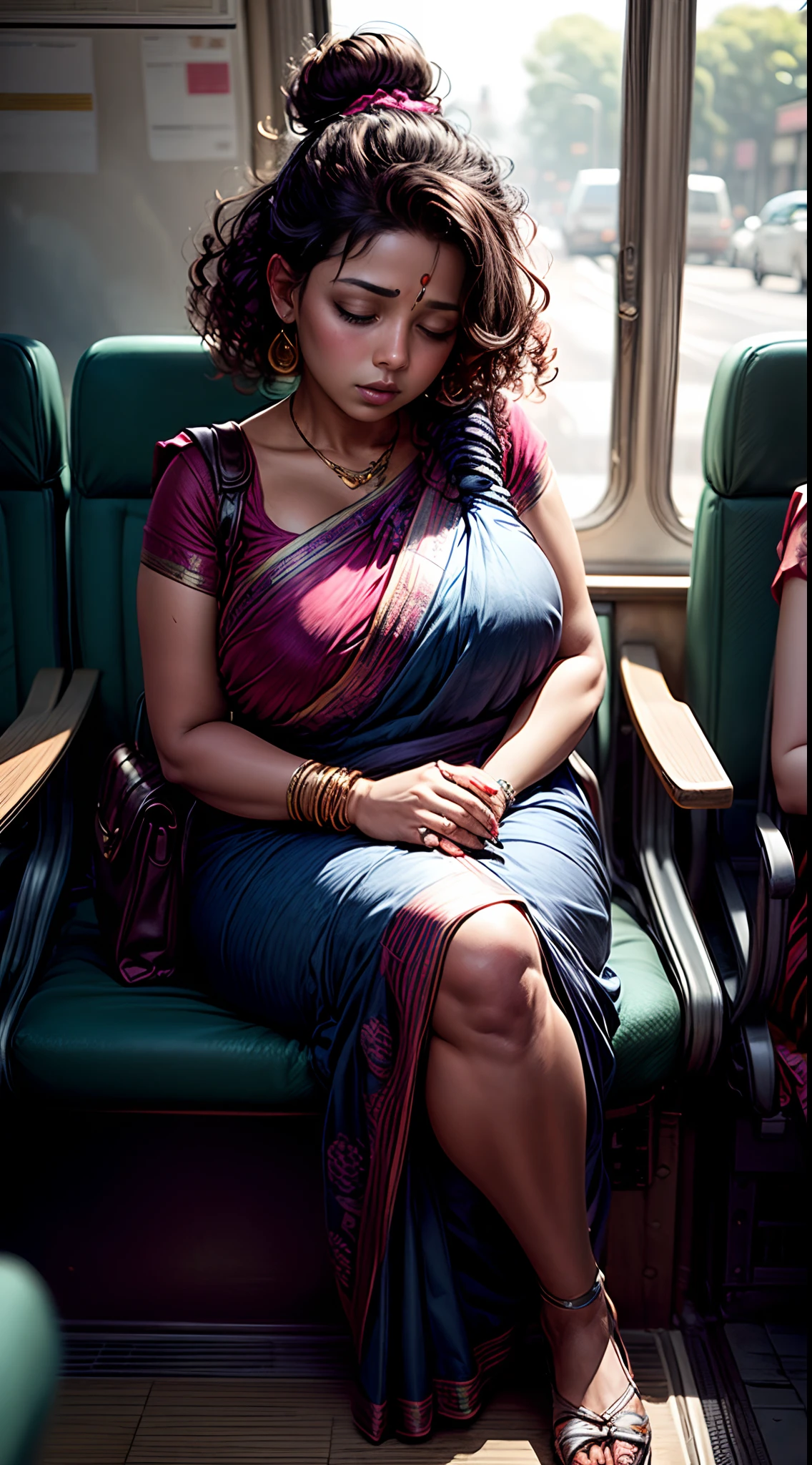 1 beautiful Indian woman, sleeping with her mouth open, lips open, sleeping sitting on the bus seat, curly hair, all hair tied up with a hair clip in a single bun, Indian silk saree, wide, blue bag, curvy woman; chubby woman, full body view,outlined eyes,  eyes closed, head resting on seat, sitting near window, head side down.