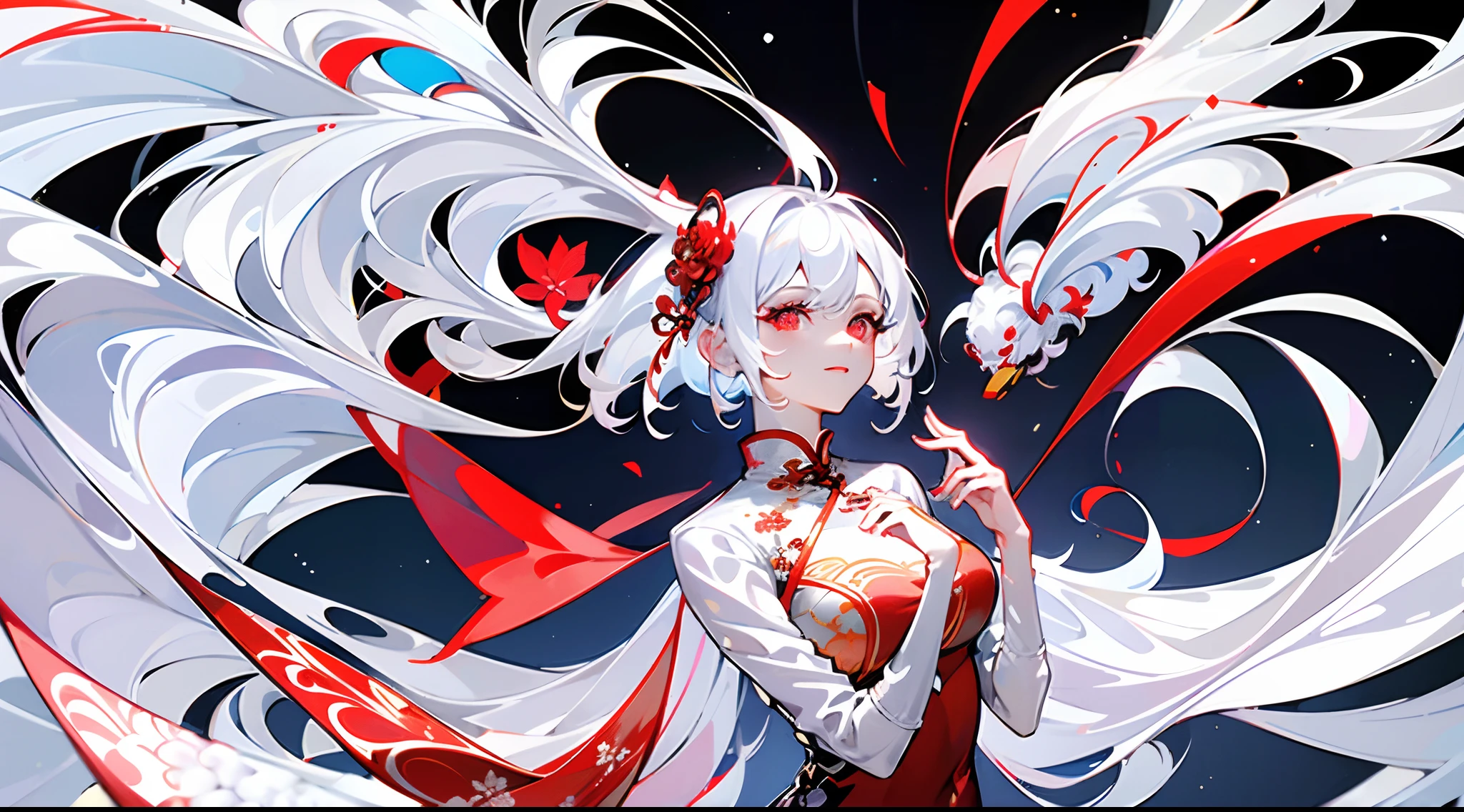 White hair，Red eyes，Characters with big smiles，Paintwork，wearing  cheongsam，Texture and sophistication，Combined with chinoiserie elements，Feathers flying，Create fantastic effects，Present beautiful works with high-quality pictures。