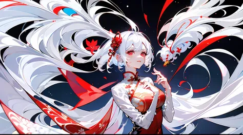 white hair，red eyes，characters with big smiles，paintwork，wearing  cheongsam，texture and sophistication，combined with chinoiserie...