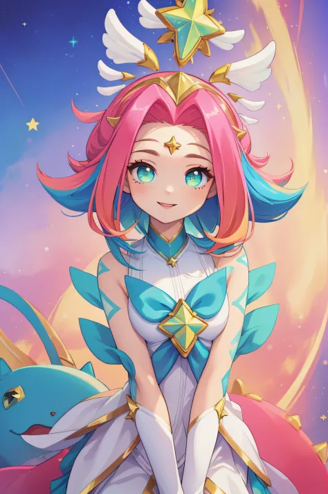 (Masterpiece:1.4), (best quality:1.2), star guardian neeko, 1girl, multicolored hair, dress, star guardian \(league of legends\)...