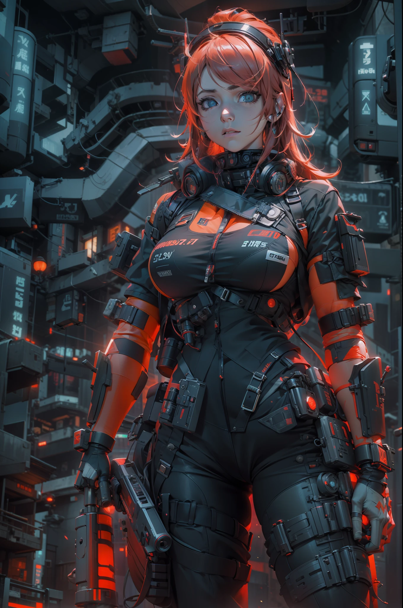 Muscle Special Forces Girl，eyes glowing,  Wearing black special forces equipment, Gun in hand, full bodyesbian, Shoot at knee level, Cyberpunk, neonlight, Futuristic, surrealist, Red，。.3D, Redshift, Maxon Cinema 4D, Quaixel Megascan rendering, Doomsday colors, Red light, Futuristic, 1/3, High detail, Ultra high quality, illusory engine, 8K,