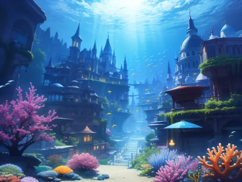 Draw fantastic undersea views of the magical city of the undersea。In the clear blue seawater、Beautiful coral reefs、Colorful fish are swimming。In the center of the city、There is a palace made from huge shells.、People who live with underwater creatures in th...