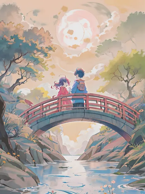 a boy and a girl meet on a bridge，tanabata poster design pattern，pink tones，blue-purple，dreamy scenes，a warm color palette，cloud...