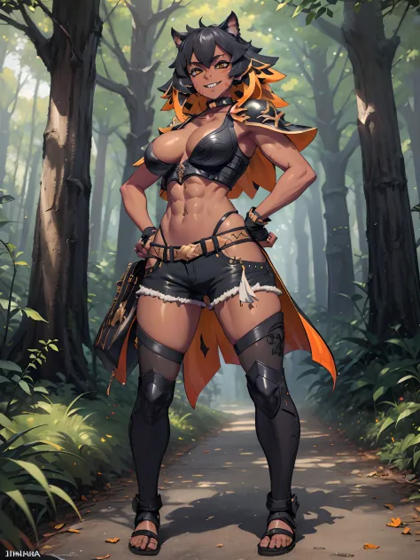 (Masterpiece, best quality:1.2), (highres, ultra-detailed), (absurdres, perfect anatomy), 1girl, solo, , anihh, slit pupils, dark-skinned female, black hair, orange colored inner hair, scar, fangs, black choker, hands on hips, outdoors, open vest, black lo...