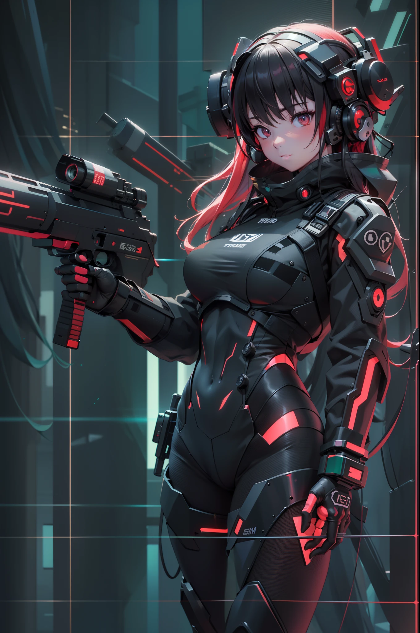 Muscle Special Forces Girl，eyes glowing,  Wearing black special forces equipment, Gun in hand, full bodyesbian, Shoot at knee level, Cyberpunk, neonlight, Futuristic, surrealist, Red，。.。.。.3D, Redshift, Maxon Cinema 4D, Quaixel Megascan rendering, Doomsday colors, Red light, Futuristic, 1/3, High detail, Ultra high quality, illusory engine, 8K,