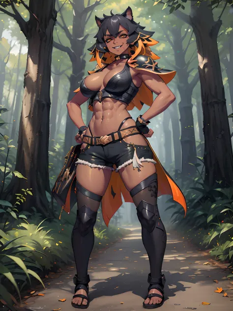 (Masterpiece, best quality:1.2), (highres, ultra-detailed), (absurdres, perfect anatomy), 1girl, solo, , anihh, slit pupils, dark-skinned female, black hair, orange colored inner hair, scar, fangs, black choker, hands on hips, outdoors, open vest, black lo...