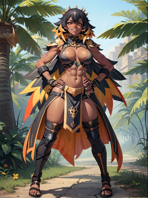 (Masterpiece, best quality:1.2), (highres, ultra-detailed), (absurdres, perfect anatomy), 1girl, solo, , anihh, slit pupils, dark-skinned female, black hair, orange colored inner hair, scar, fangs, hands on hips, outdoors, fingerless gloves, muscular, (cov...