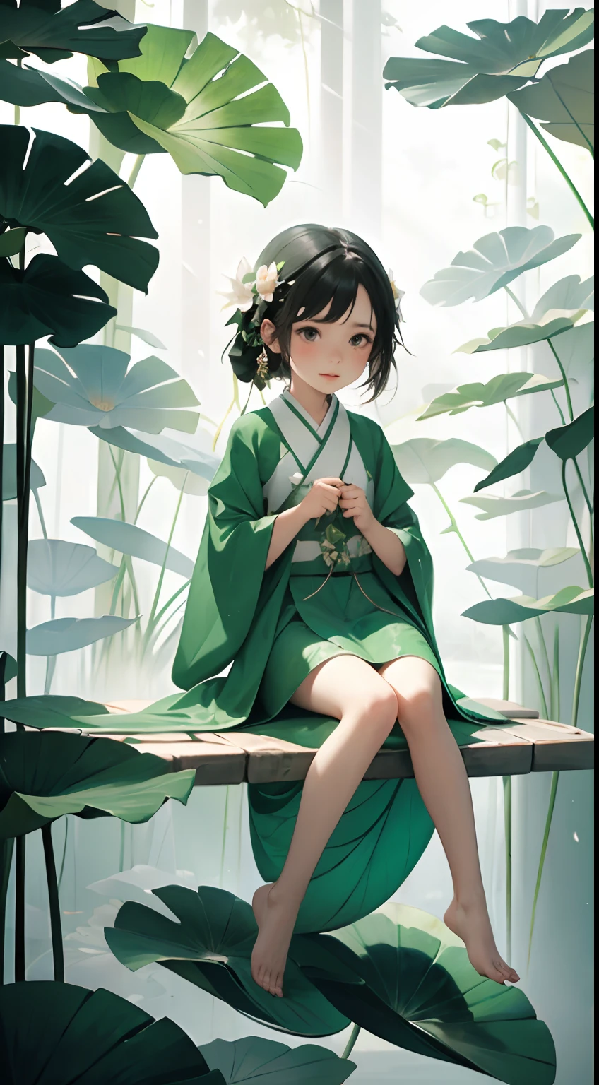 A pod full of lotus flowers, a  happily sitting on the lotus leaves of the pod, huge lotus leaves, barefoot, dressed in white and green hanfu, light and shadow, a masterpiece