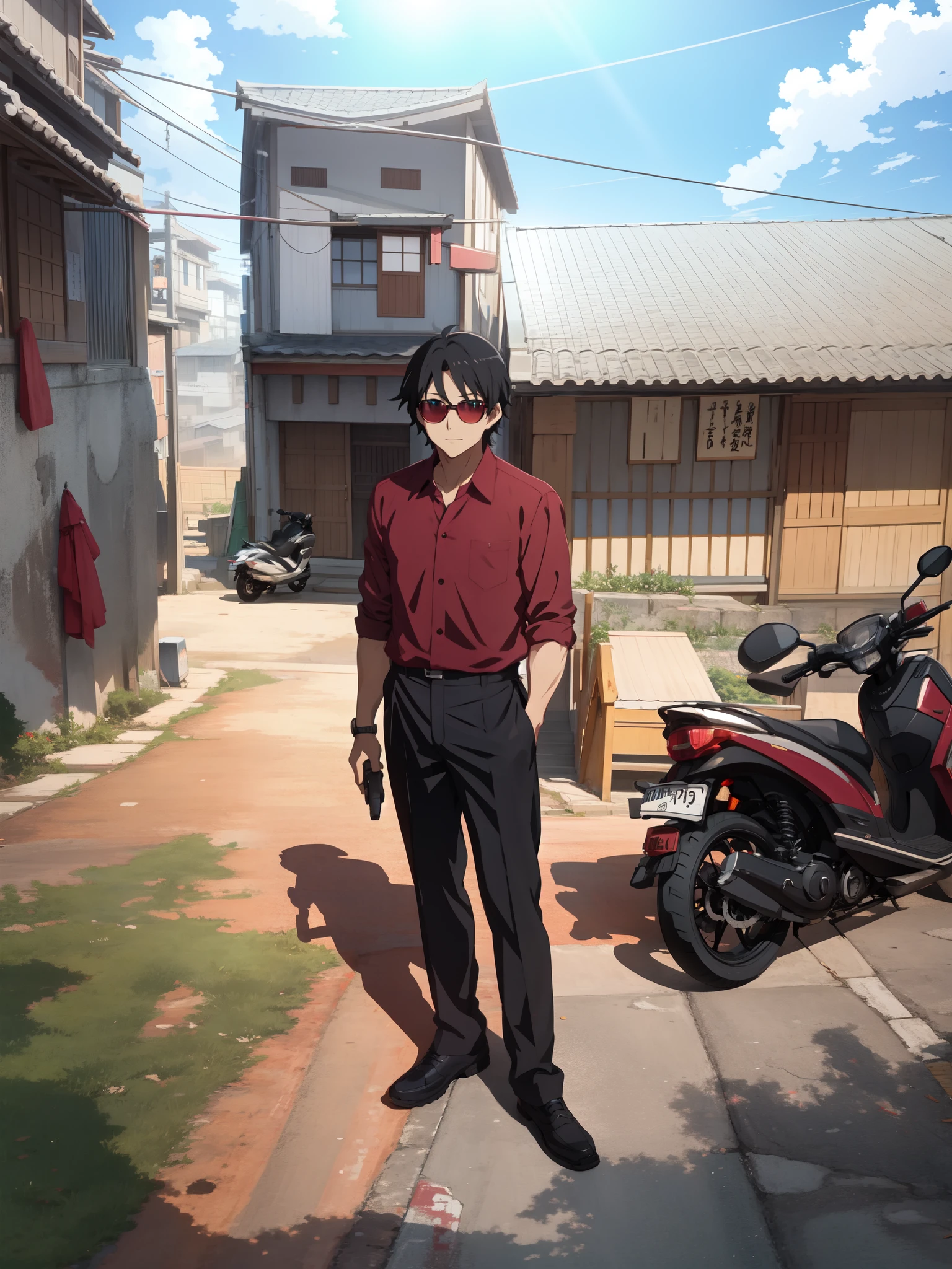 Anime man in red shirt and black pants standing in front of a ...