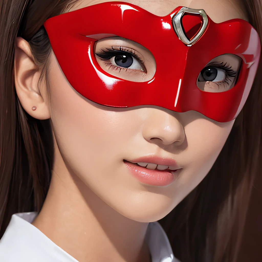 (8K, RAW Photos, of the highest quality, Masterpieces: 1.2), (Realistic, Photorealistic: 1.37), Highest Quality, Ultra High Resolution, light  leaks, Dynamic lighting, Slim and smooth skin, (Full body:1.3), (Soft Saturation: 1.6), (Fair skin: 1.2), (Glossy skin: 1.1), Oiled skin, 22 years old, Night, shiny white blonde, Well-formed, Hair fluttering in the wind, Close-up shot of face only, Physically Based Rendering, From multiple angles, A big smile, super girl、miniture, Red Eye Mask, (Open your eyes:1.4)