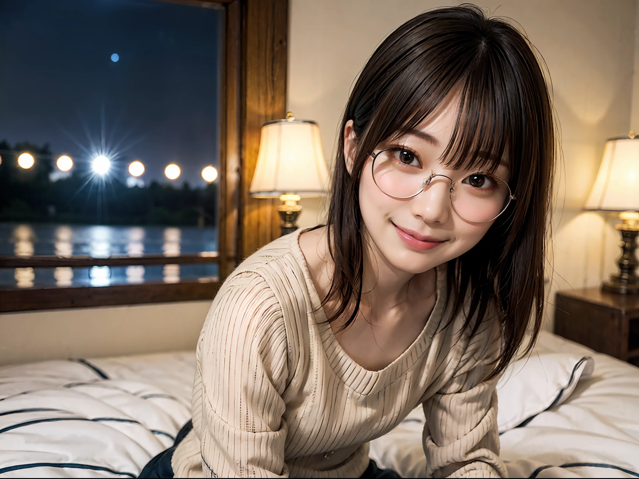 Japan girl in casual clothes in hotel room at night、looking at the viewers、(top-quality、​masterpiece)))、hight resolution、ighly detailed、​masterpiece、Film lighting、(8k、top-quality、​masterpiece:1.2)、(realisitic、Photorealistic:1.37) Hi-Res、The ultra-detailed、Woman with glasses、Thin frame round glasses、Light colored glasses frames、asian human, cute little, cute  face, solo, Short hair 1.2, Textured skin, beautiful smiling face, Beautiful detailed night sky, Detailed night view, Film lighting, depth of fields, Lens flare light、Sitting in bed、Dating、(blush nose)、(A smile:1.15)、(Mouth closed)tiny chest、beautiful finely detailed eyes、(Sweaters:1.1)、natta、(shorth hair:1.2)、Floating hair Nova frog style、