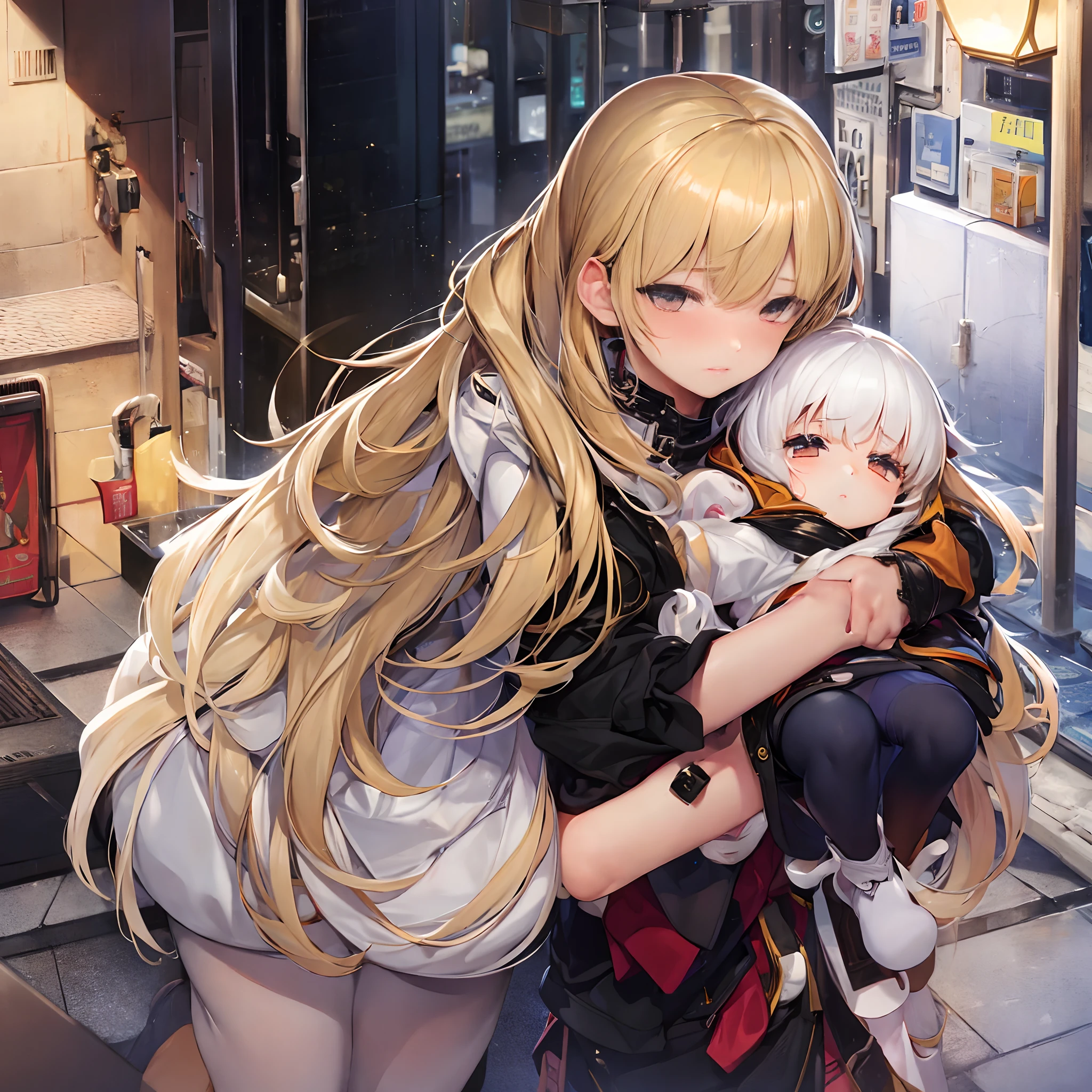 A 17 years old girl with blonde hair and hazel eyes holding a 2 years old girl with white hair and hazel eyes in her arms, looking at the viewer while hugging, and a bit scared and Poor sleeping on the streets.