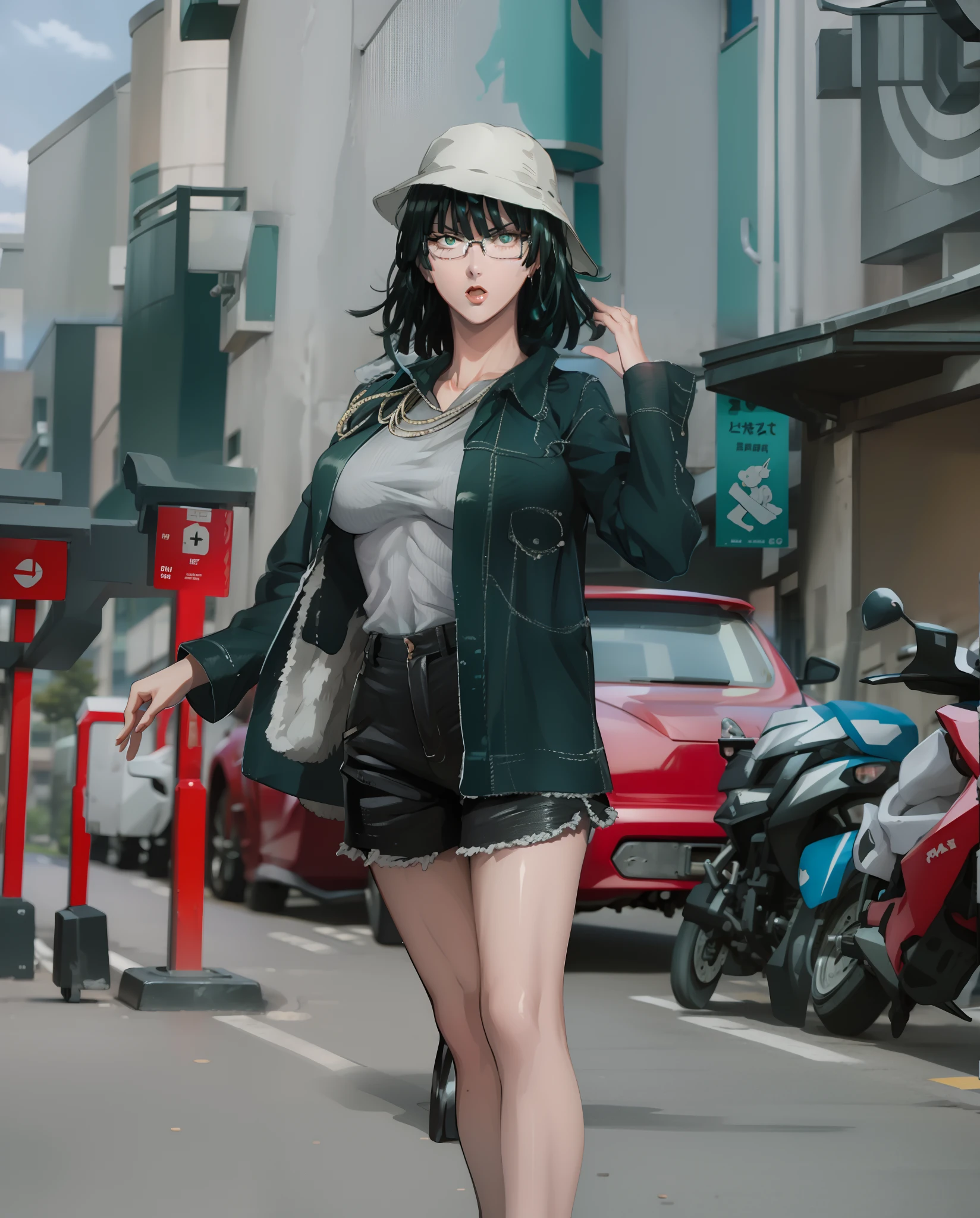 Woman in a hat and jacket walking down a street with a motorcycle - SeaArt  AI