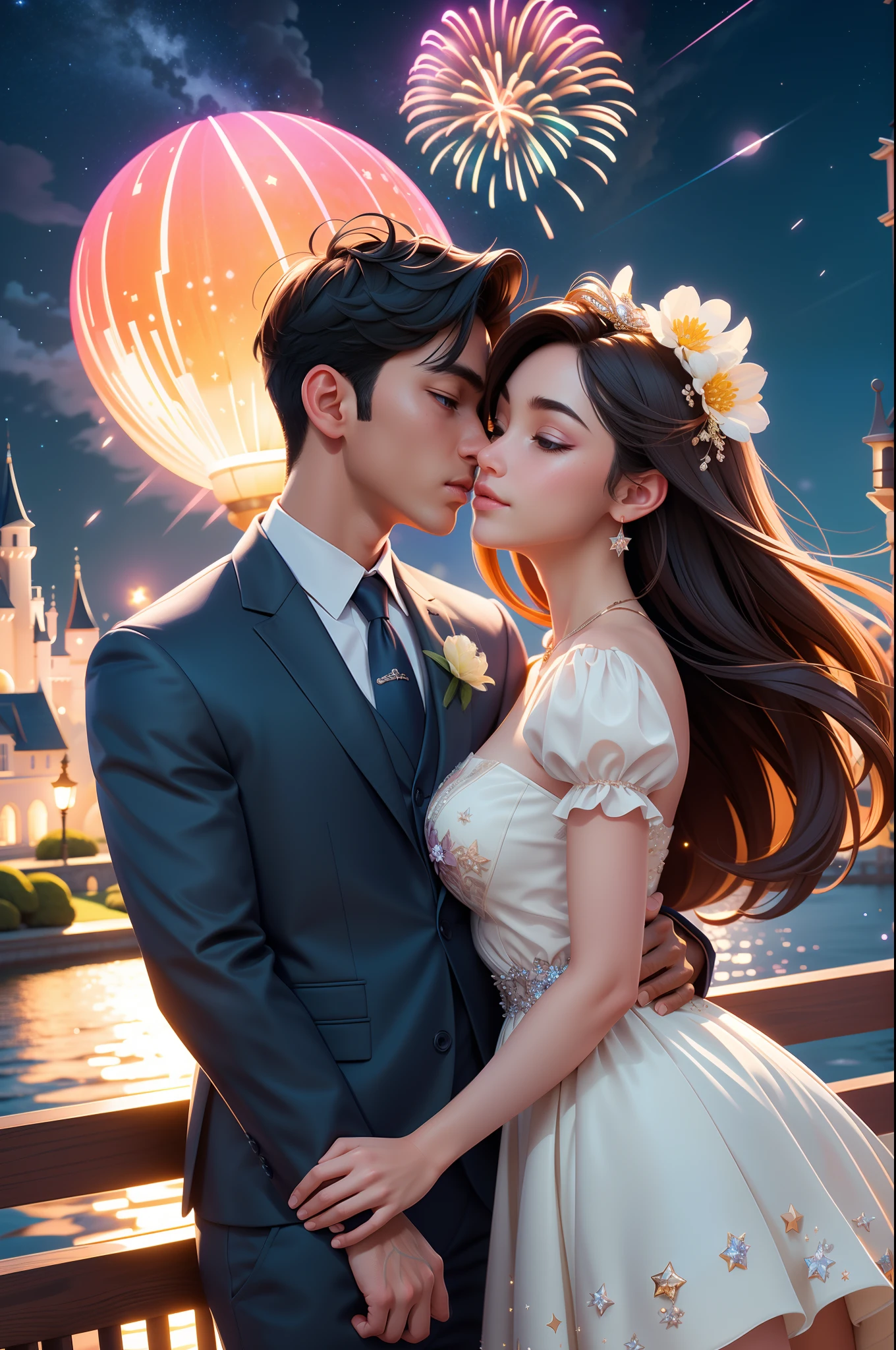 in a panoramic view，wide angles，Real-world realism，4k picture quality，Detailed description，Depiction of demeanor，Detail portrayal，(Romantic couple kissing in the wind)，Starry night、Cinderella's castle、Castle panorama，large moon、Small cloudoonlight、tranquil lake，Beautiful moon reflection、Ultra-realistic scenes、detaileds、Foto realism，Starry sky at night，Fireworks bloom in the sky，Spherical flowers explode，Colorful，The meadows are full of flowers，The wind blows the petals，Normal face，
