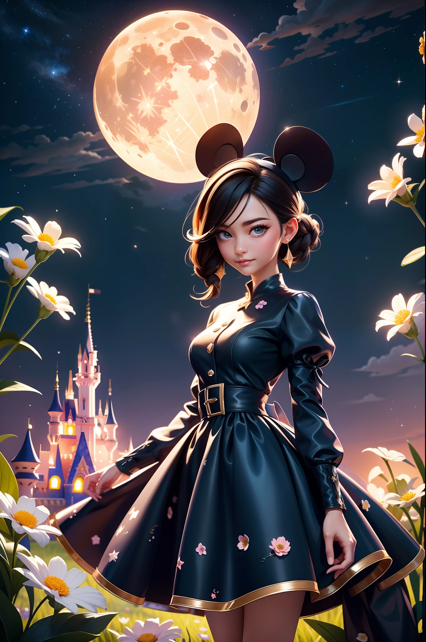 in a panoramic view，wide angles，（There is a man and a woman in the picture、 puss，Mickey Mouse Castle、Panoramic view of Disney's stone castle），Starry night、4k picture quality，Detailed description，Depiction of demeanor，Detail portrayal，large moon、Small clouds、Moonlight、tranquil lake，Beautiful moon reflection、Ultra-realistic scenes、detaileds、Foto realism，（Starry sky at night，Fireworks bloom in the sky，Spherical flowers explode，Colorful），The meadows are full of flowers，The wind blows the petals，Normal face，