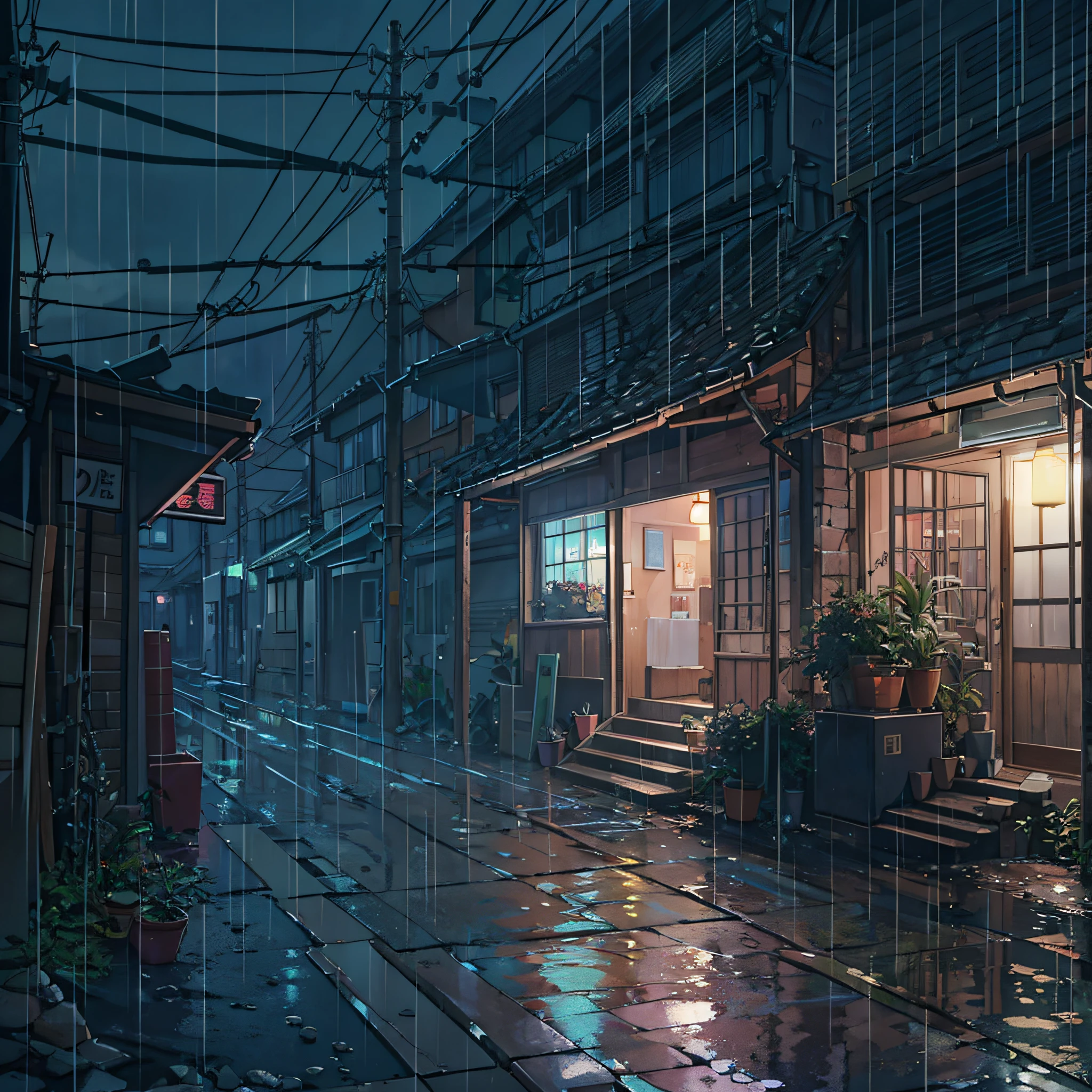 Morning，An apartment downstairs，In heavy rain，There were no people on the streets，Only torrential rain poured down，the night，concept art inspired by Makoto Shinkai，best qualtiy，beautiful anime scenes，anime scene，Movie anime scenes，the night，Fantasy anime，atmospheric anime，Detail Enhancement。