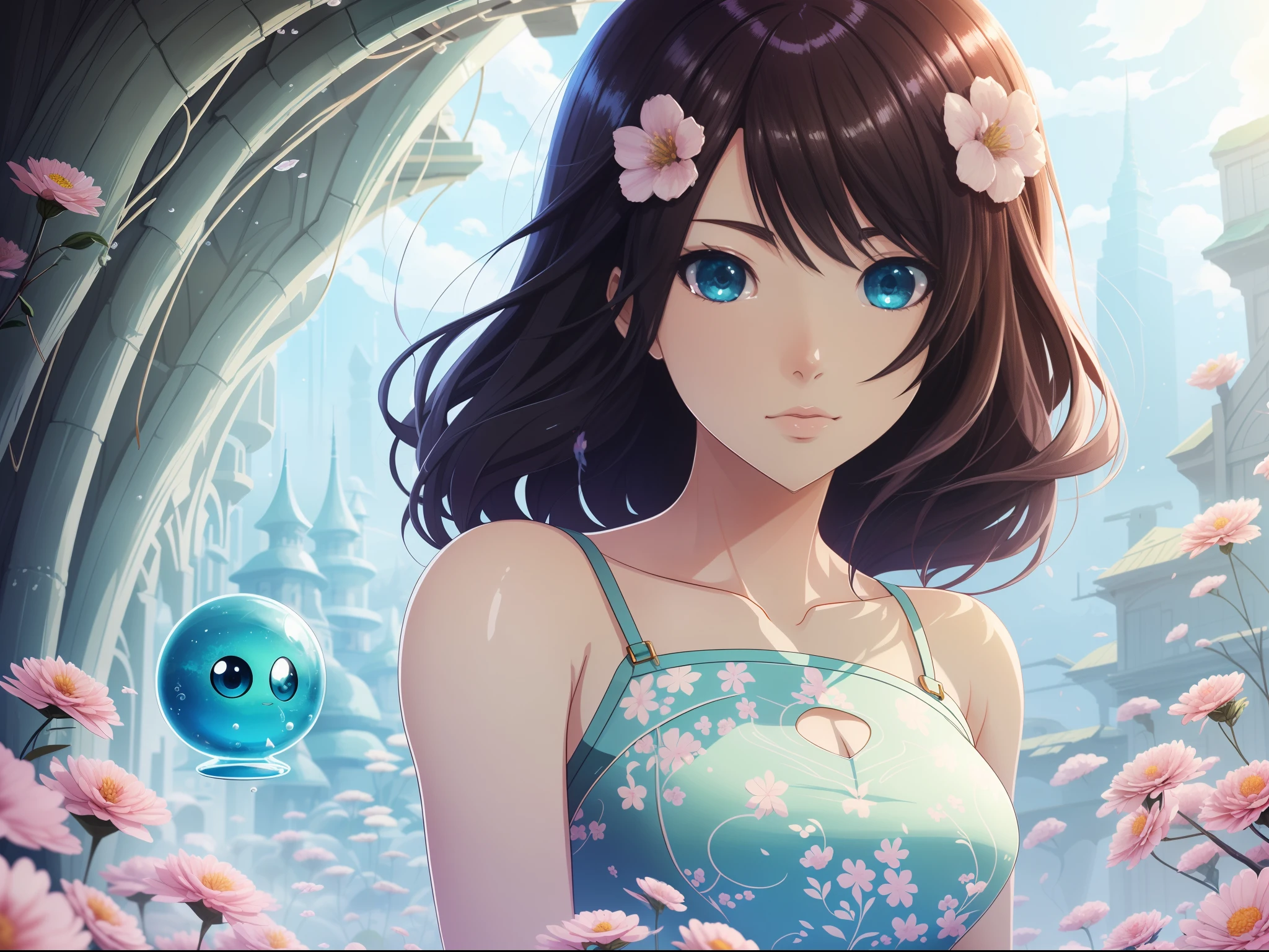 smooth soft skin, Fantastic Big Eyes, beautiful intricate colored hair, Symmetrical, anime wide eyes, Beautiful eyes, Soft lighting, Detailed face, By Makoto Shinkai, , Phlegm sputum, phlegm, rossdraws, concept-art, Digital painting, looking at the camera in, 1girll，squatting air bubble pool pink flower tile floor holding flower