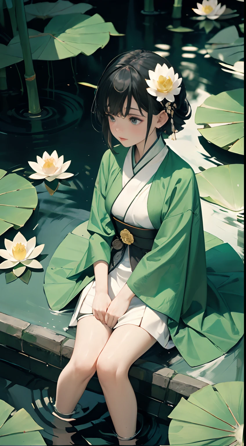 Un estanque lleno de lotos, una sentada sobre las hojas de loto del estanque, felizmente，enormes hojas de loto, descalzo, Vestido con Hanfu blanco y verde., Luz y sombra, Una obra maestra