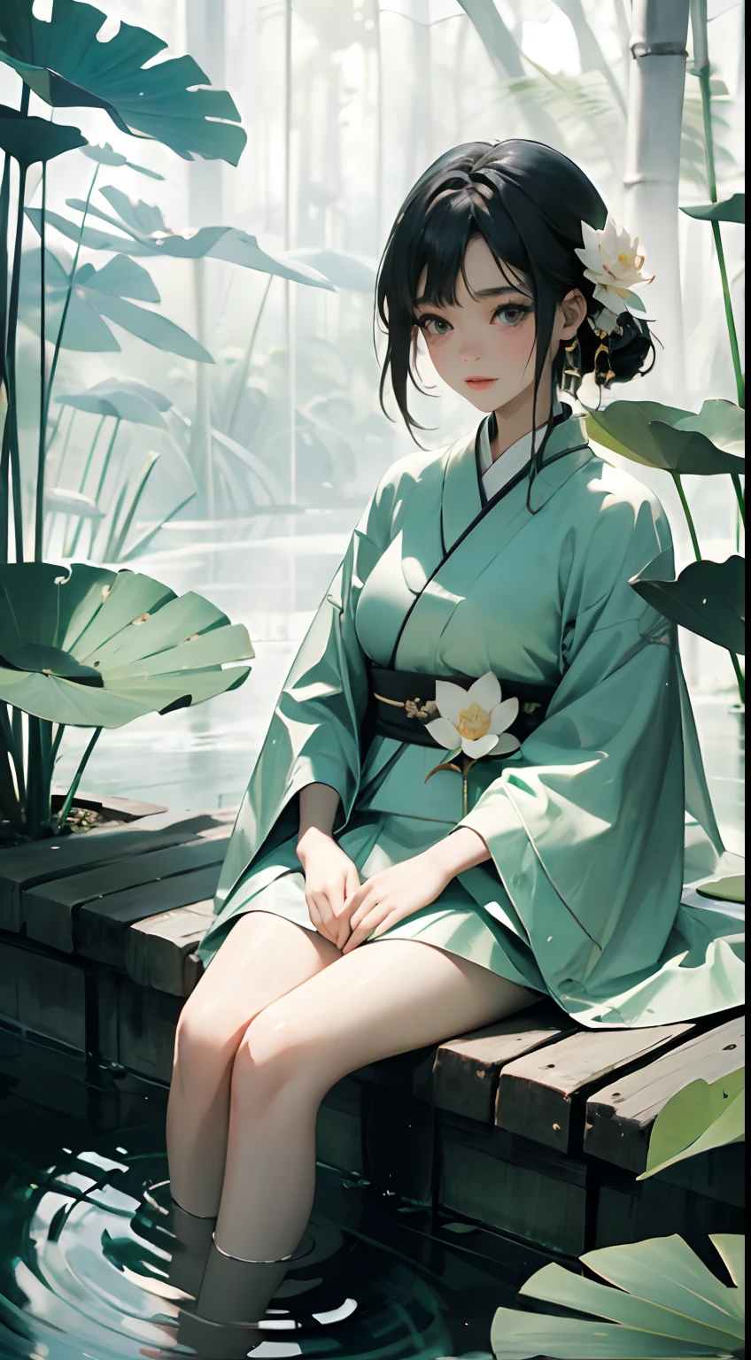 A pond full of lotus, a  sitting on the lotus leaves of the pond, happily，huge lotus leaves, barefoot, dressed in white and green hanfu, light and shadow, a masterpiece