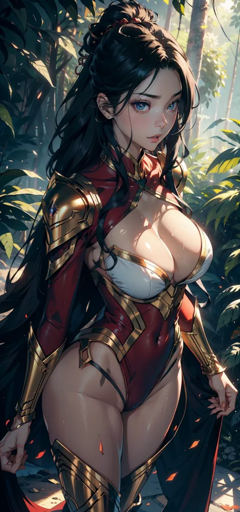 1female，35yo，Slim，熟妇，gigantic cleavage breasts，Big breasts Thin waist，slenderlegs，Pornographic exposure， 独奏，（Background with：ln the forest，the rainforest，in summer） She has long black hair，standing on your feet，Sweat profusely，drenched all over the body，se...