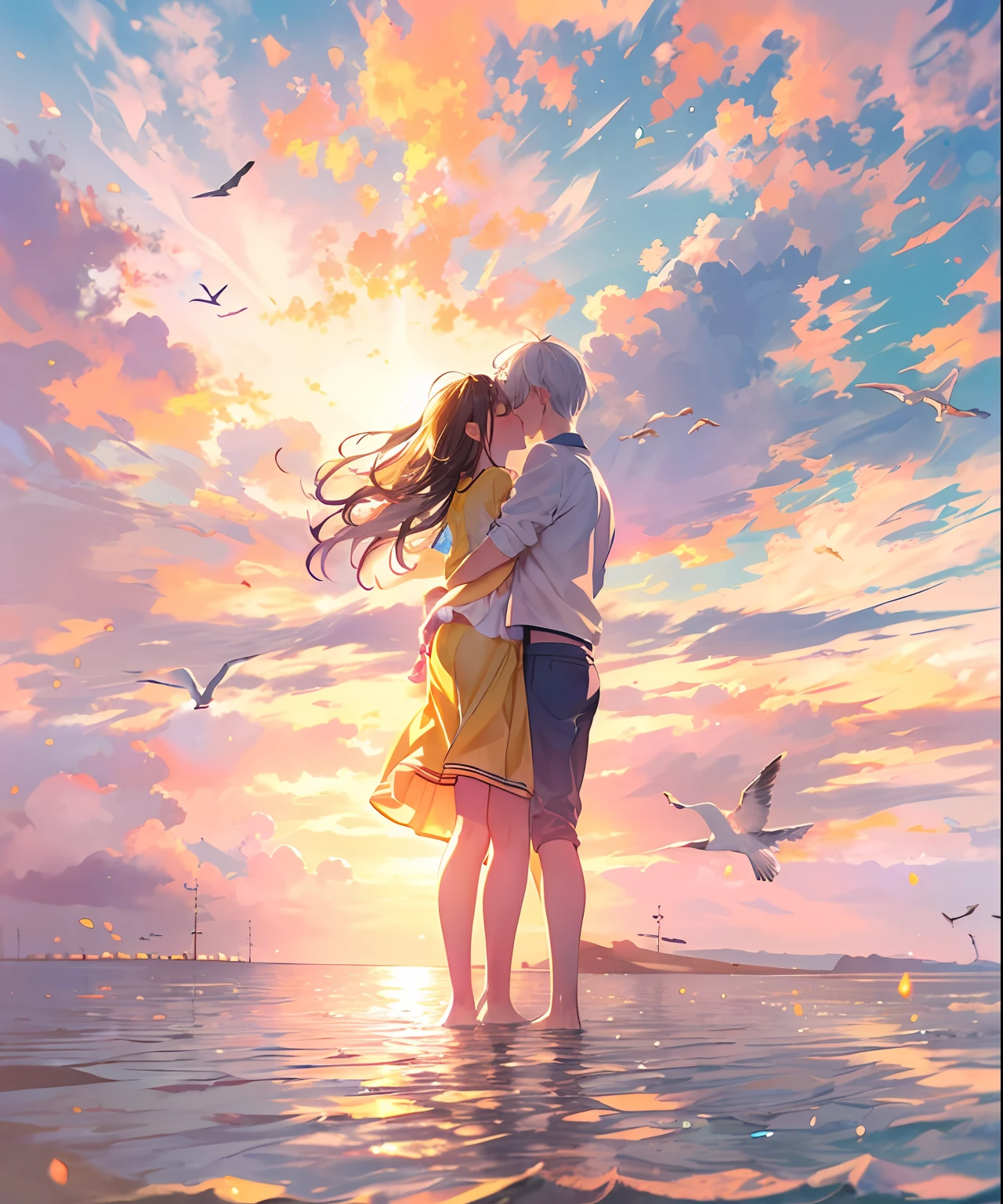 Anime couple kissing on the beach at sunset with seagulls flying ...