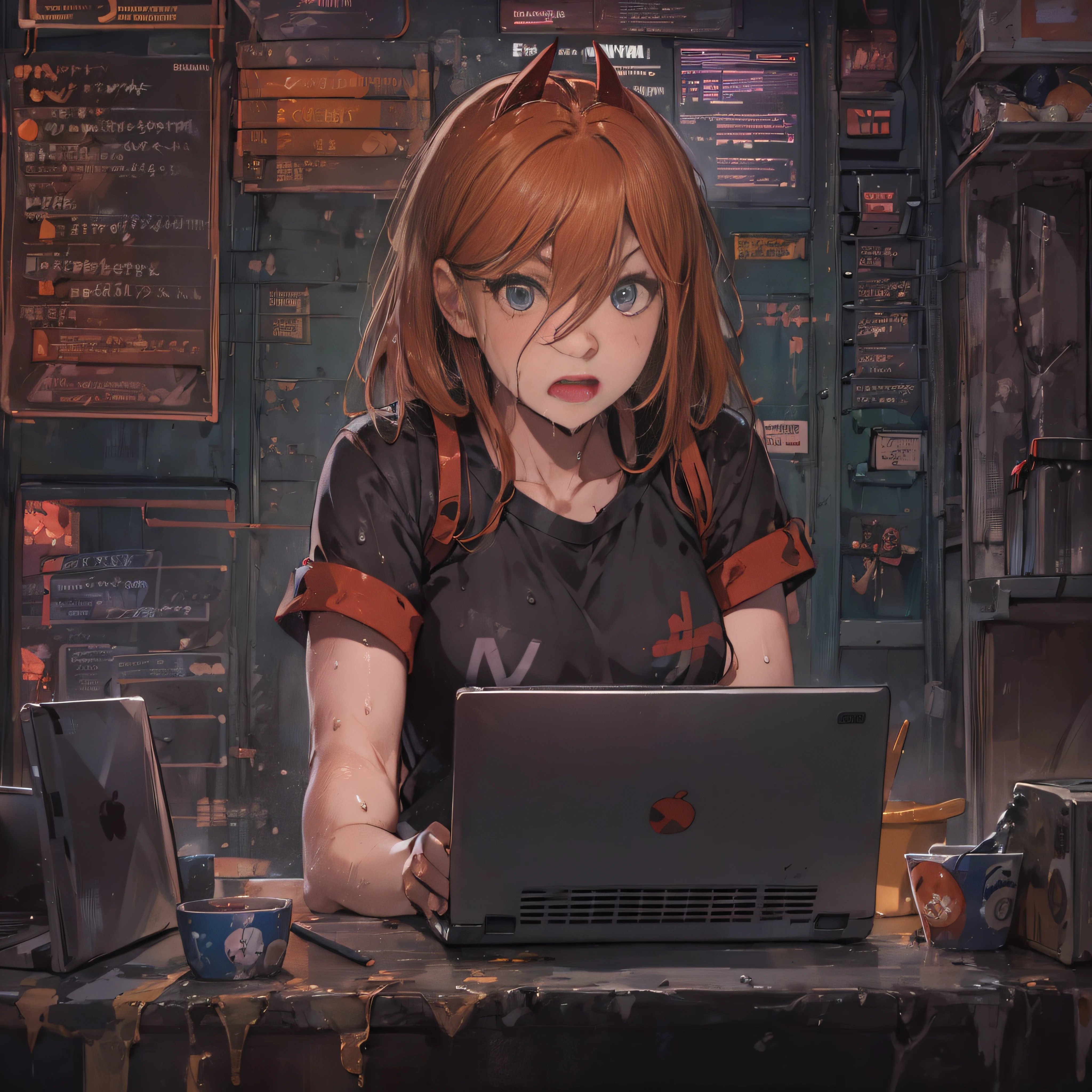 un hacker parle de cybersécurité: cheveux roux avec une frange sans terrier, chemise noire, culotte noire, mouillé, serveurs, cyber, ordinateur portable.