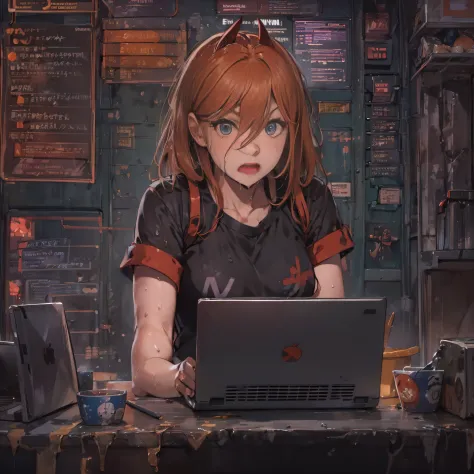 a hacker talking about cybersecurity: red hair with bangs without burrow, black shirt, black panties, wet, ervers, cyber, laptop...