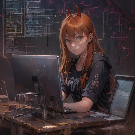 a hacker talking about cybersecurity: red hair with bangs without burrow, black shirt, black panties, wet, ervers, cyber, laptop...