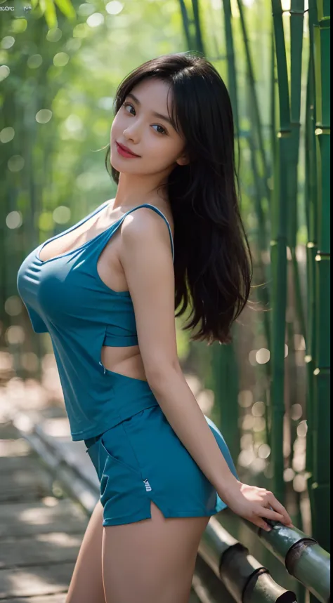 1girl,((wearing losse tshirt and  blue short)),((seductively  standing  position alone in bamboo forest)),(( bamboo trees background)),((big boobs)), ((cleavage)), ((characters play)),((long black hair)), ((perfect blue eye)),((perfect fingers)), dimple,sm...