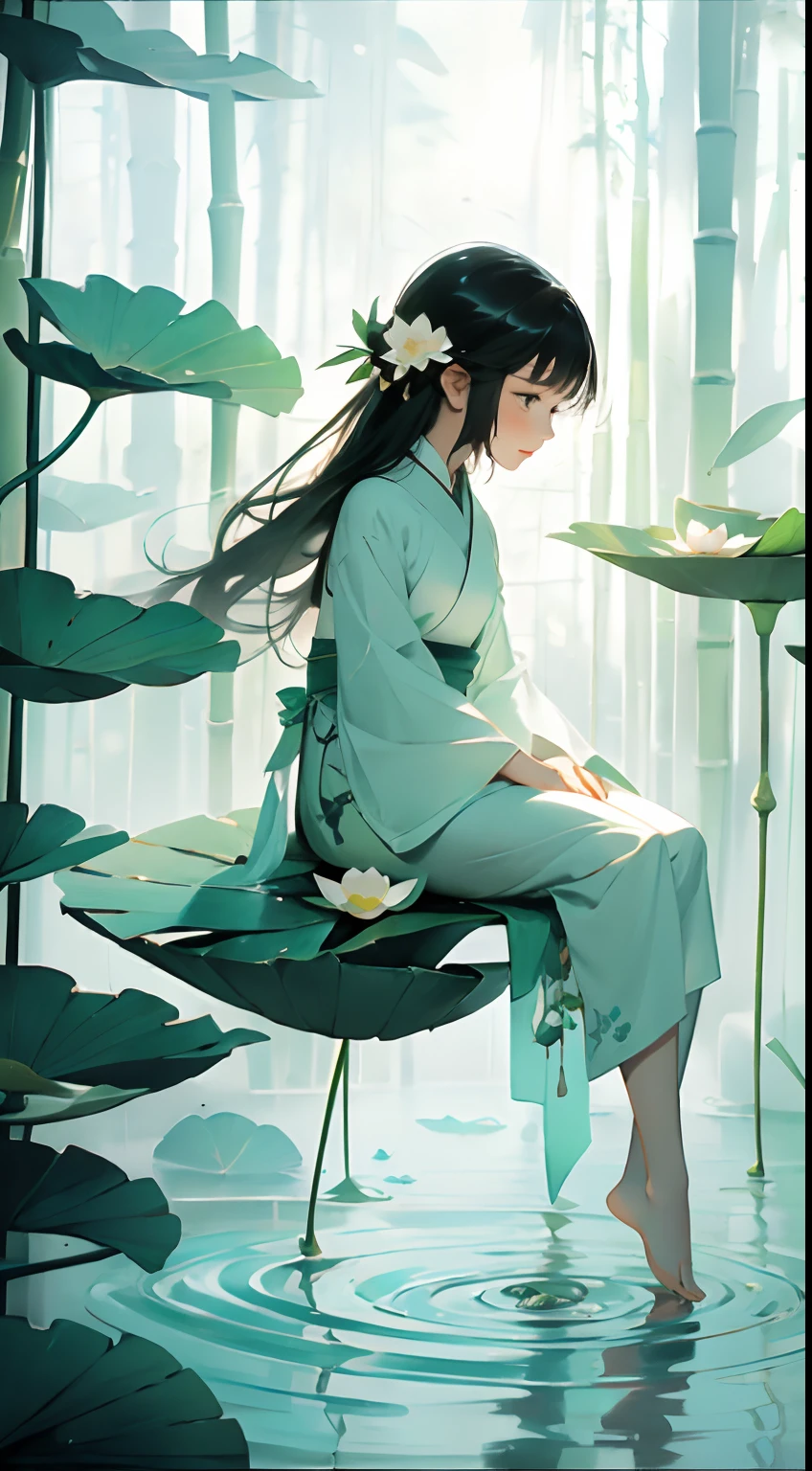 Uma vagem cheia de flores de lótus, sentado feliz nas folhas de lótus da vagem, enormes folhas de lótus, Pés descalços, vestido com hanfu branco e verde, luz e sombra, Uma obra-prima
